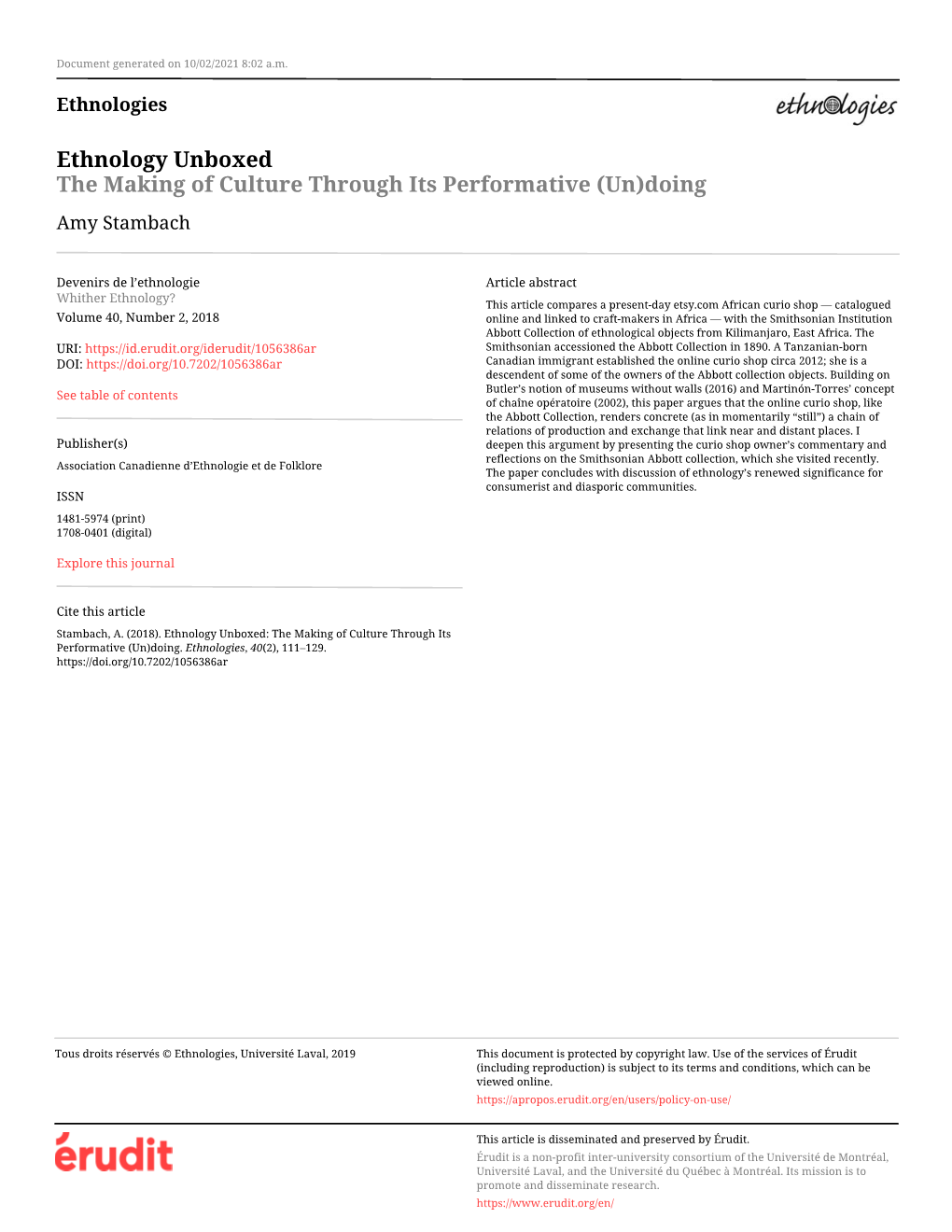 Ethnology Unboxed the Making of Culture Through Its Performative (Un)Doing Amy Stambach