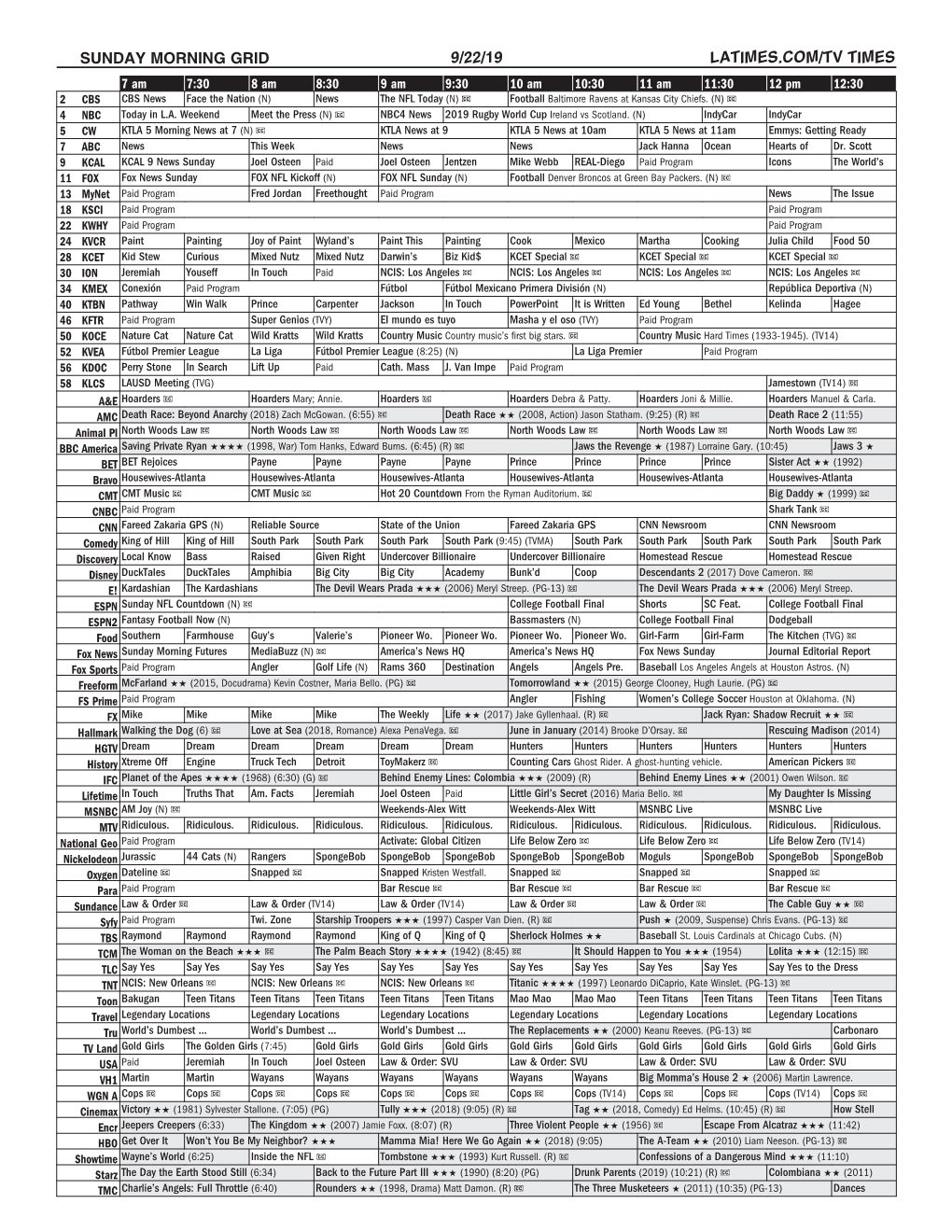 Sunday Morning Grid 9/22/19 Latimes.Com/Tv Times