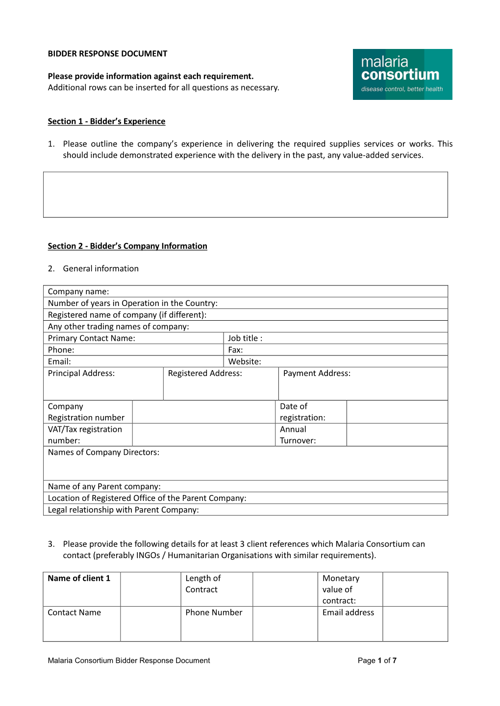 RFP Bidder Response Document Sample