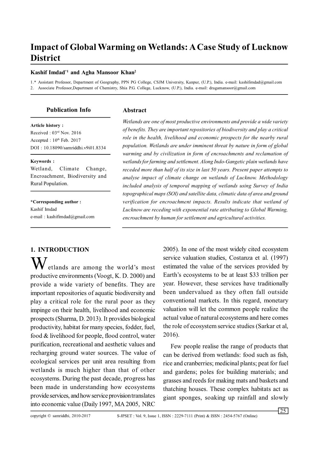 Impact of Global Warming on Wetlands: a Case Study of Lucknow District