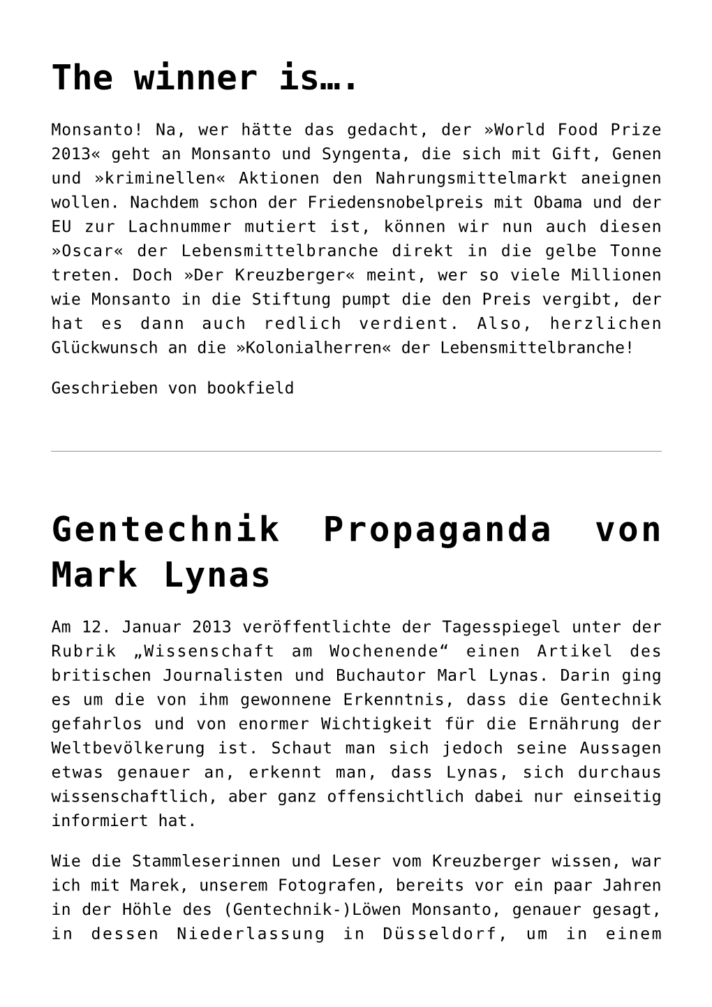 Gentechnik Propaganda Von Mark Lynas,Monsanto