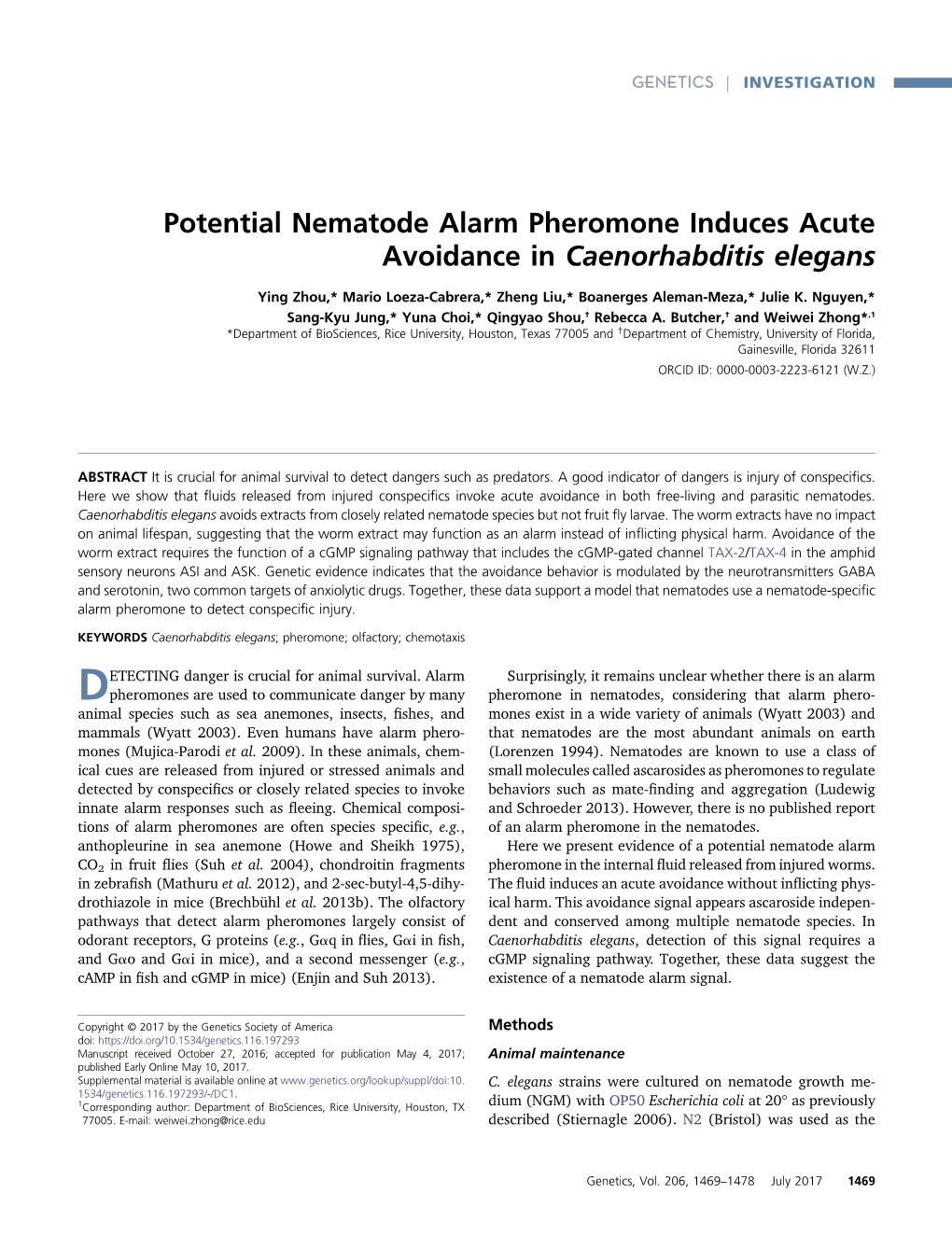 Potential Nematode Alarm Pheromone Induces Acute Avoidance in Caenorhabditis Elegans