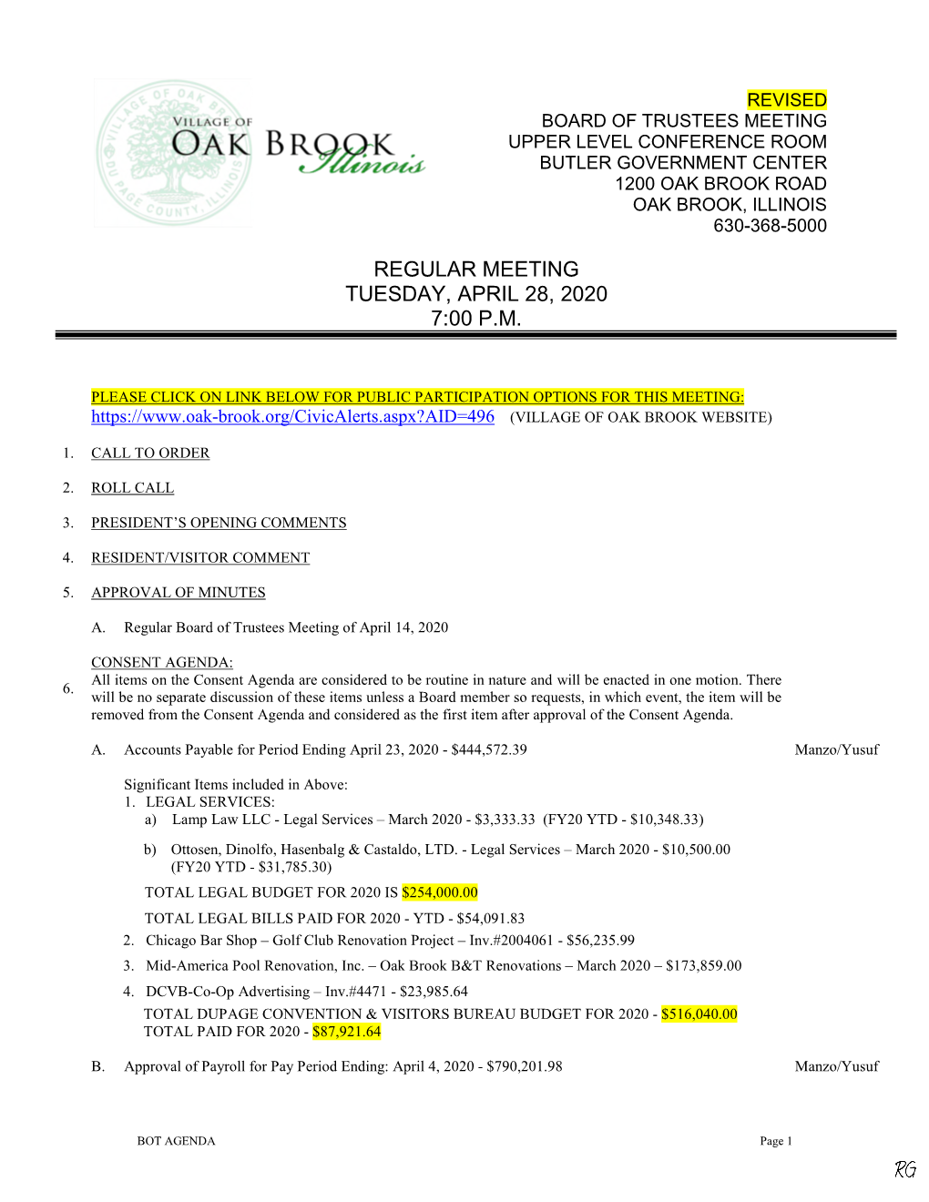 Regular Meeting Tuesday, April 28, 2020 7:00 P.M