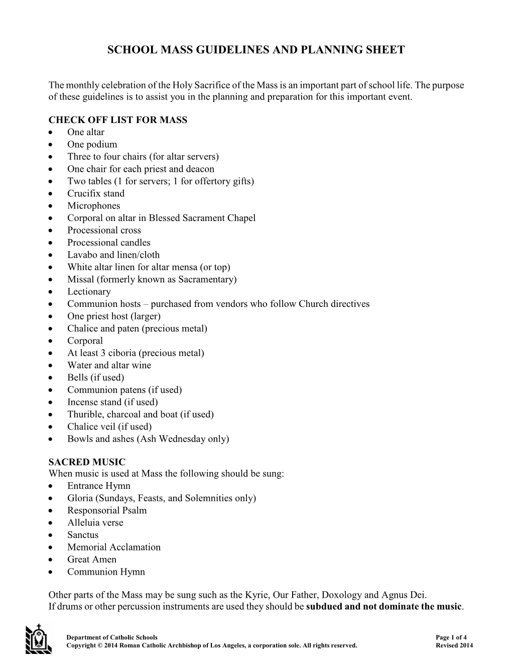 School Mass Guidelines and Planning Sheet