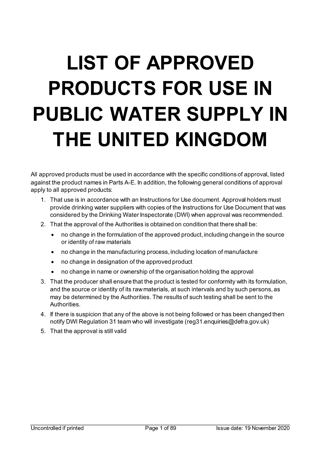 List of Approved Products for Use in Public Water Supply in the United Kingdom