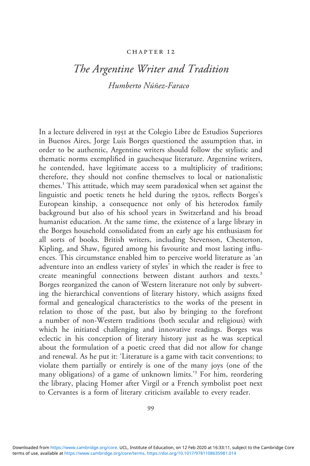 The Argentine Writer and Tradition Humberto Núñez-Faraco