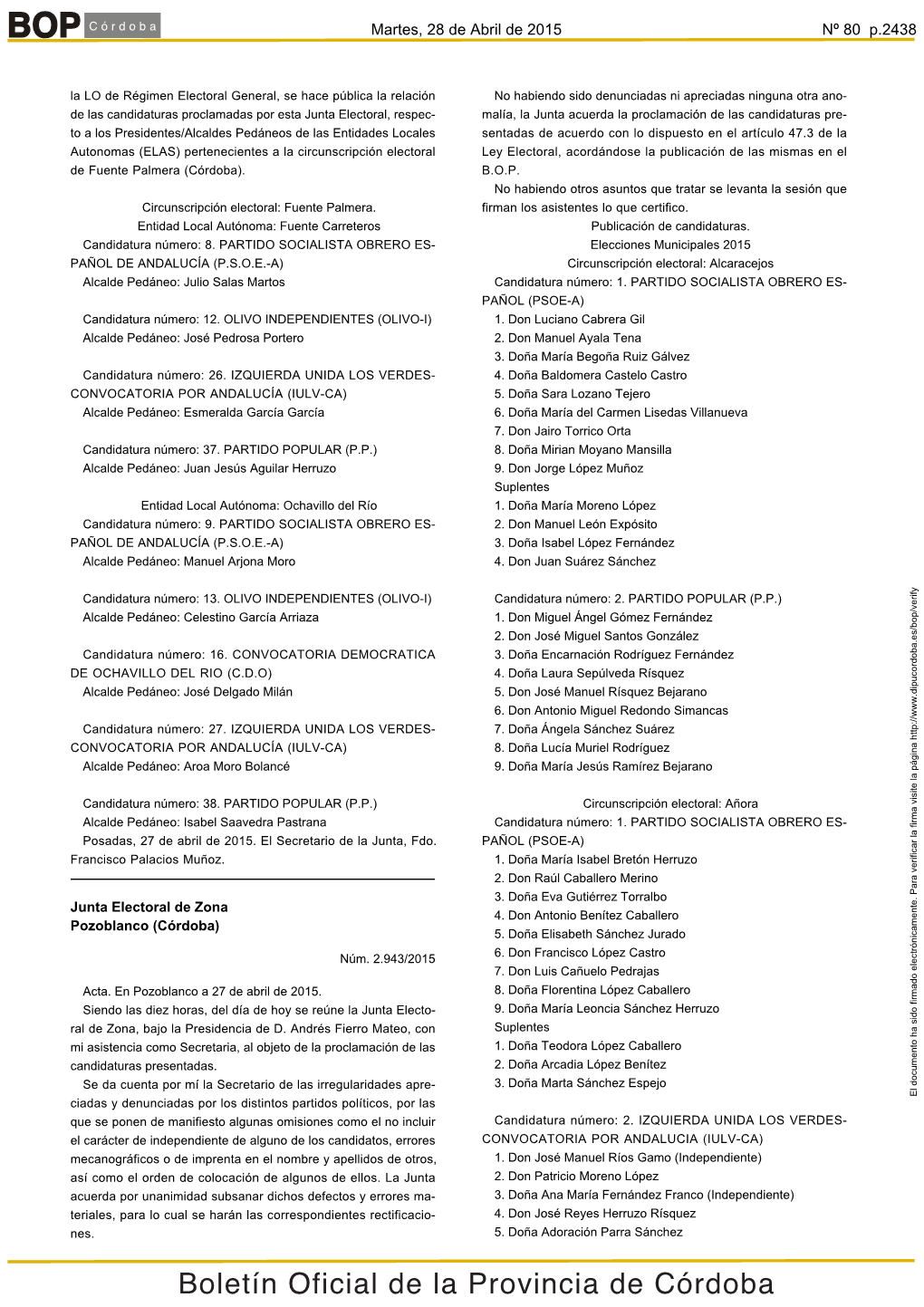 Boletín Oficial De La Provincia De Córdoba Nº 80 P.2439 Martes, 28 De Abril De 2015