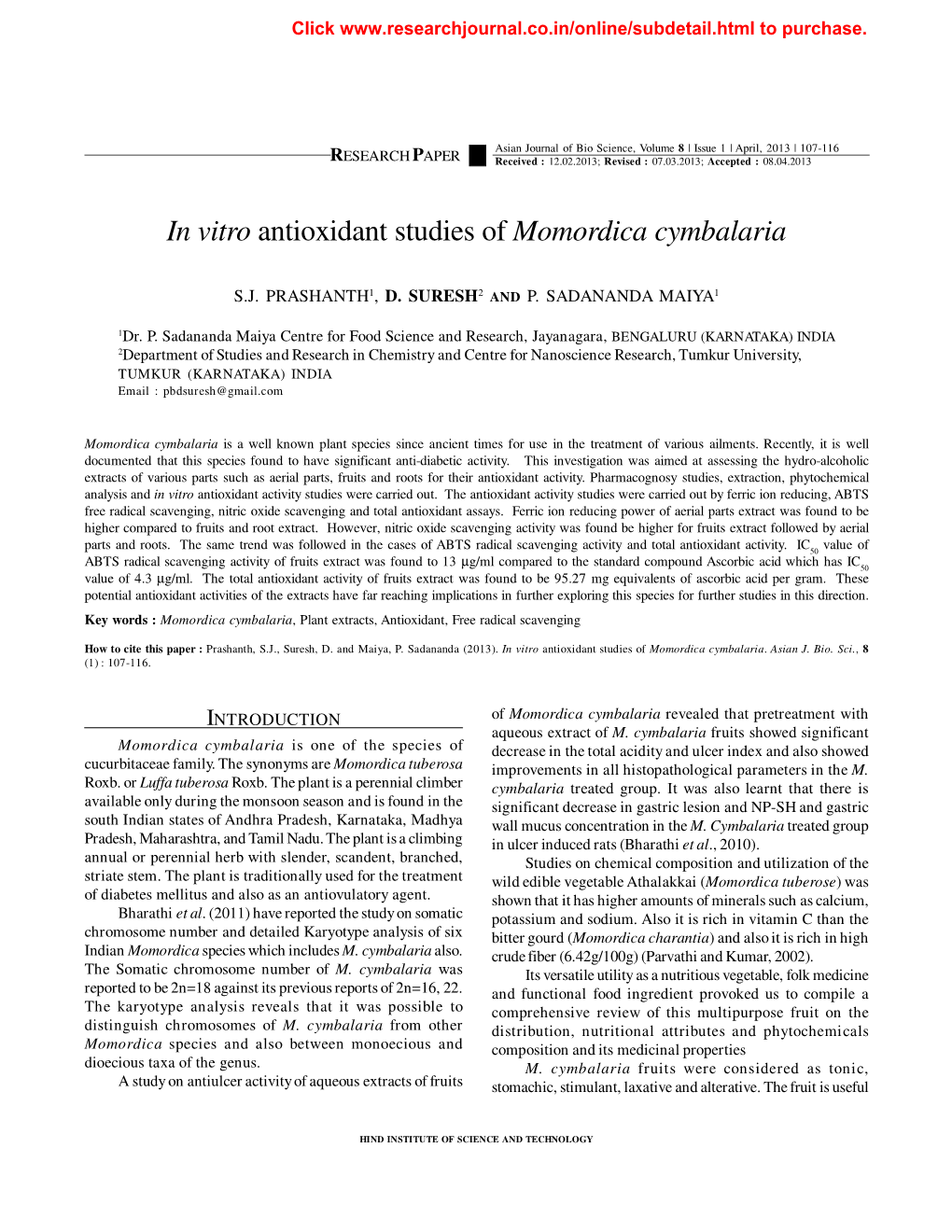 In Vitro Antioxidant Studies of Momordica Cymbalaria