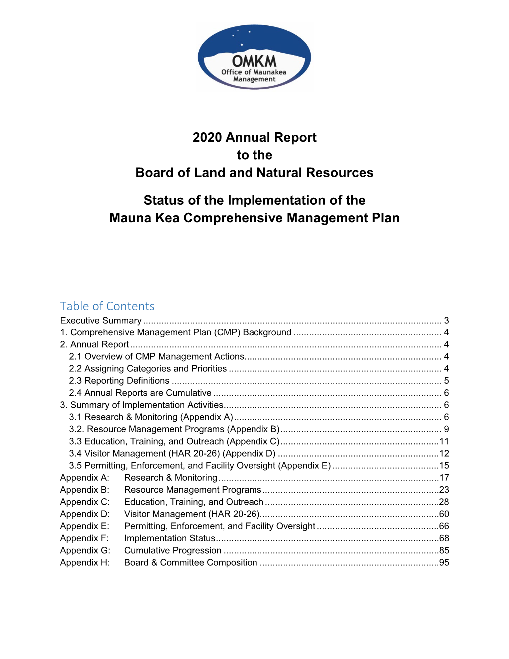 2020 Annual Report to the Board of Land and Natural Resources Status