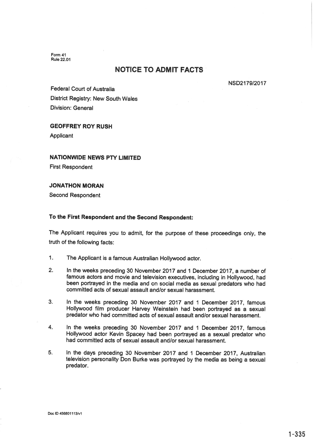 Notice to Admit Facts