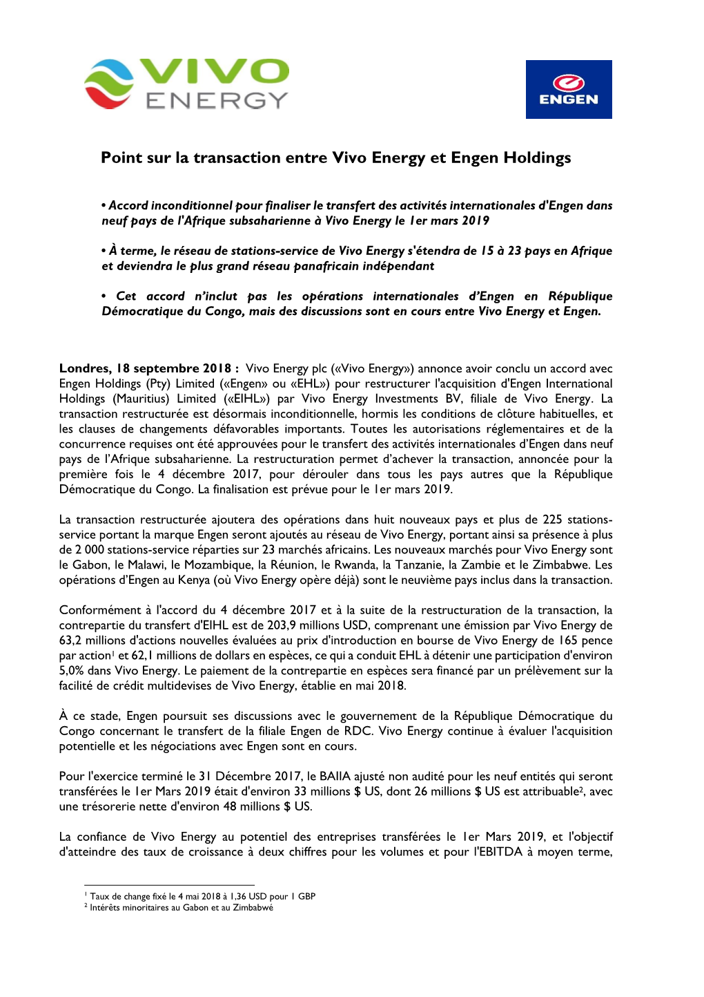 Point Sur La Transaction Entre Vivo Energy Et Engen Holdings