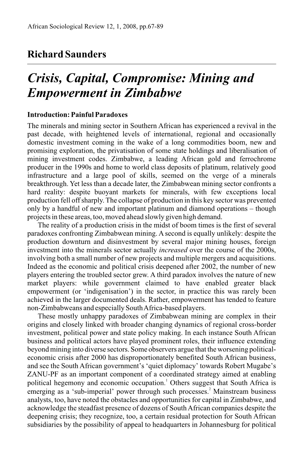 Crisis, Capital, Compromise: Mining and Empowerment in Zimbabwe