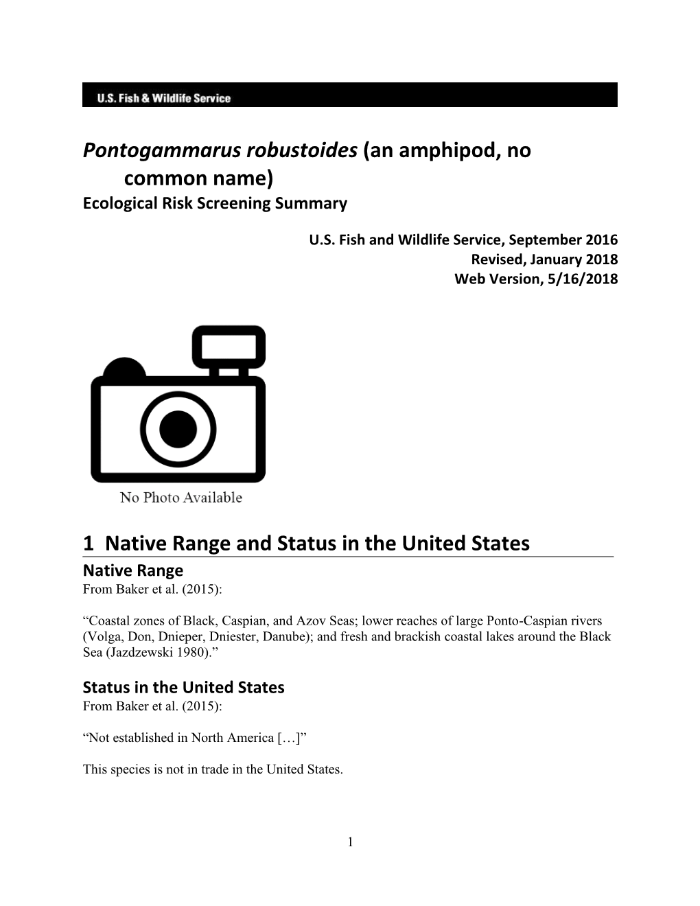 Pontogammarus Robustoides (An Amphipod, No Common Name) Ecological Risk Screening Summary