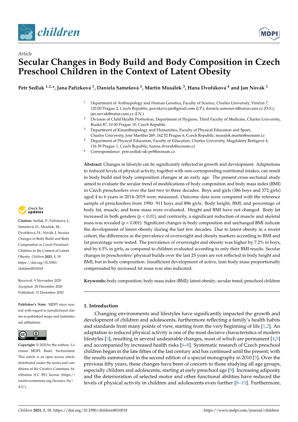 Secular Changes in Body Build and Body Composition in Czech Preschool Children in the Context of Latent Obesity