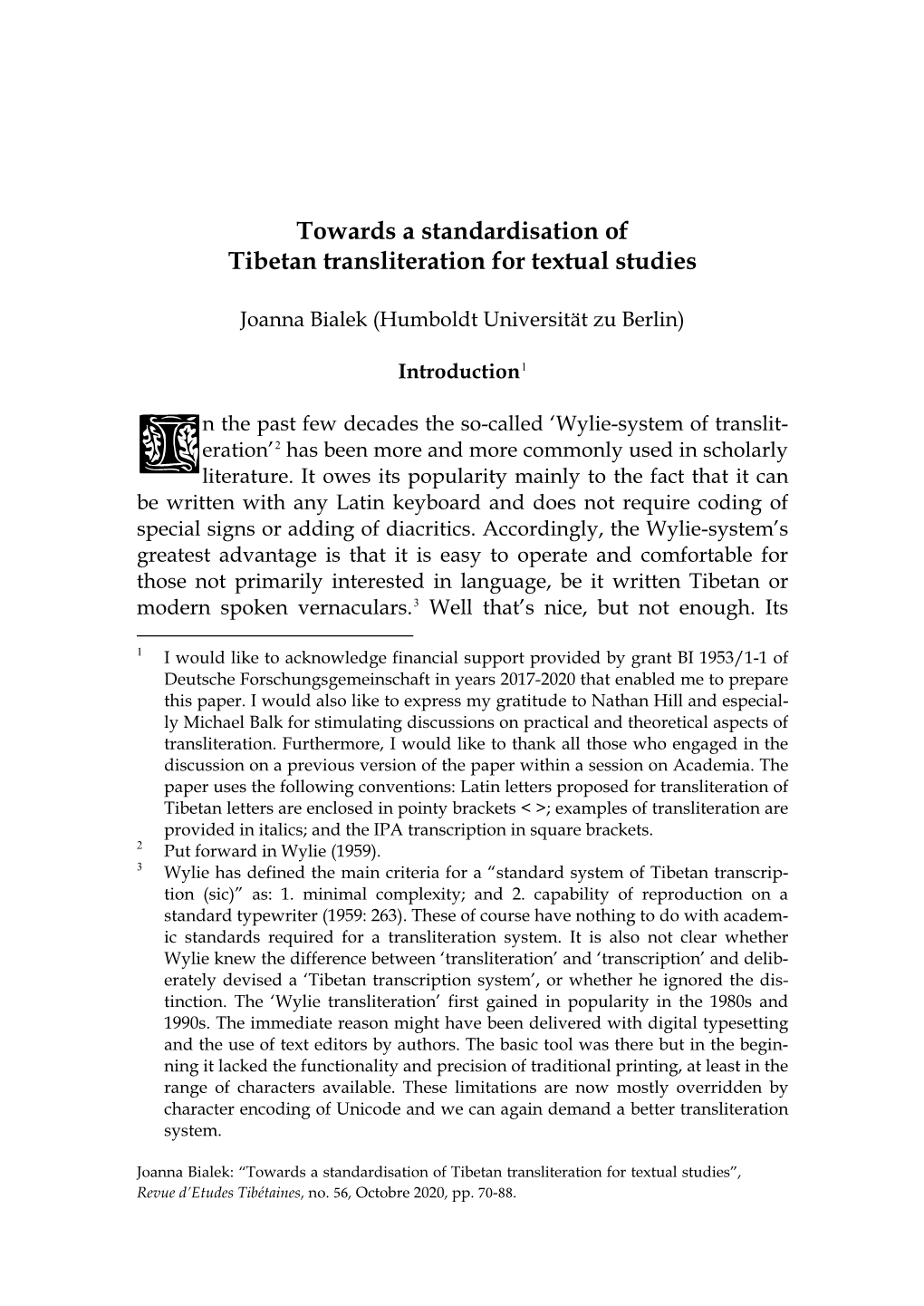 Towards a Standardisation of Tibetan Transliteration for Textual Studies
