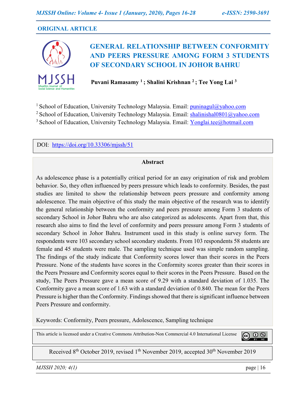 General Relationship Between Conformity and Peers Pressure Among Form 3 Students of Secondary School in Johor Bahru