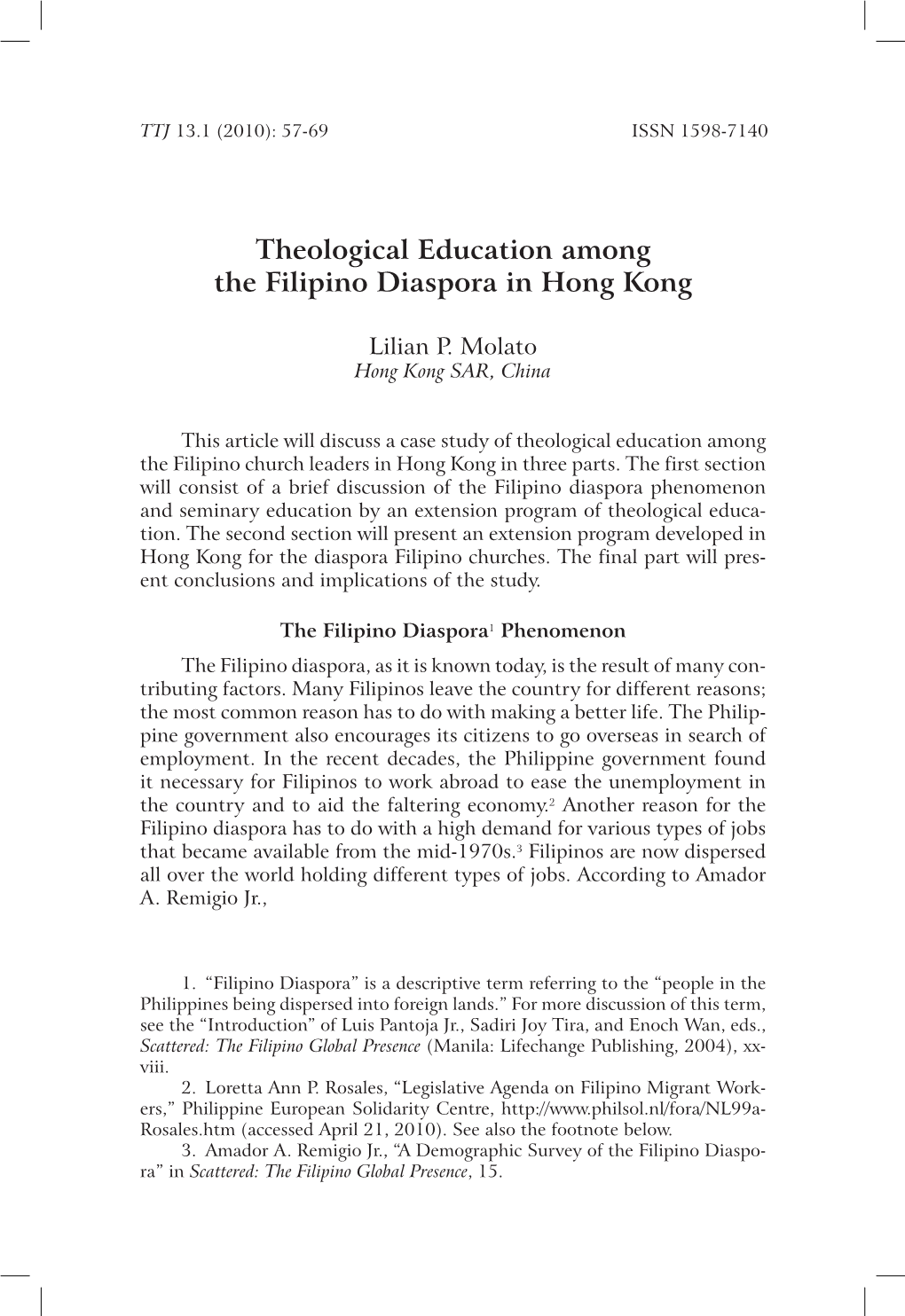 Theological Education Among the Filipino Diaspora in Hong Kong