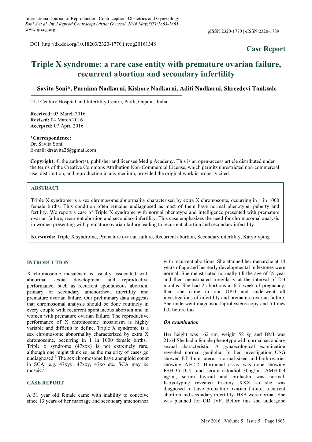 Triple X Syndrome: a Rare Case Entity with Premature Ovarian Failure, Recurrent Abortion and Secondary Infertility