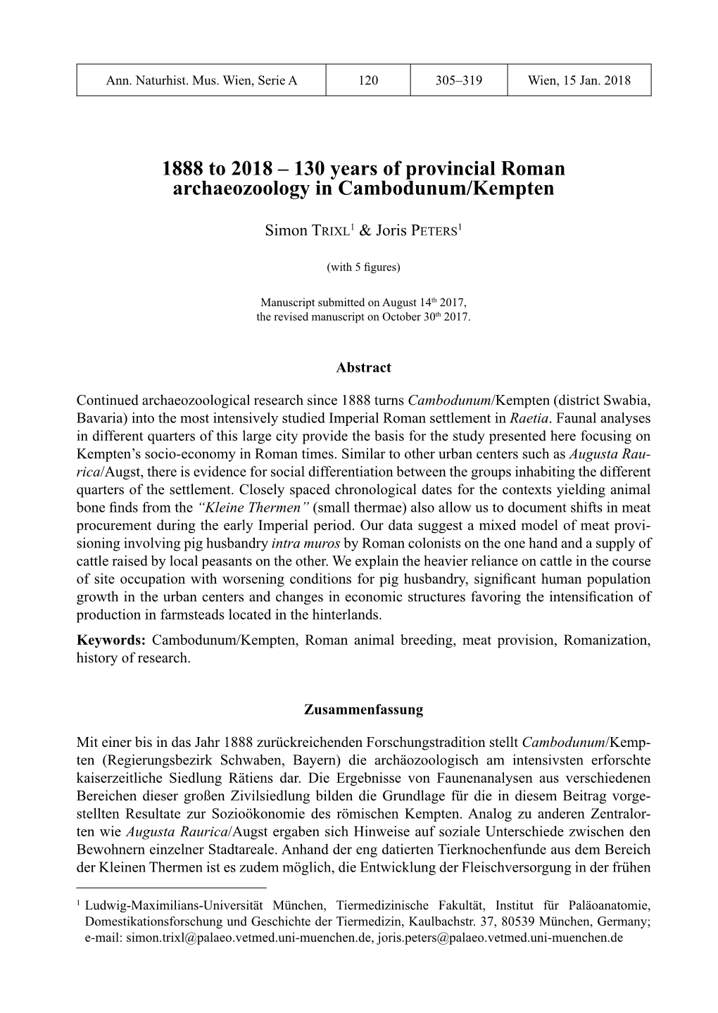 130 Years of Provincial Roman Archaeozoology in Cambodunum/Kempten