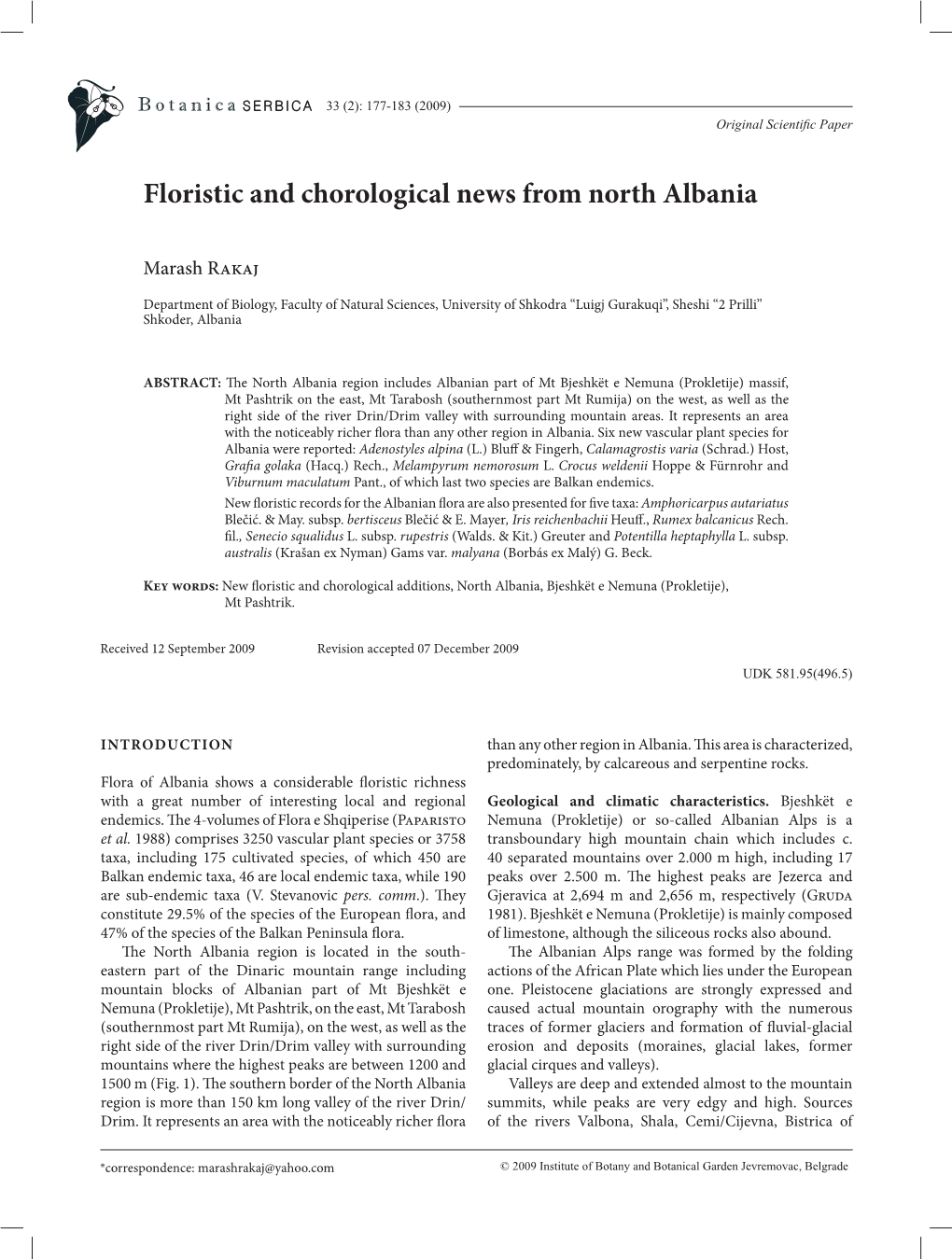 Floristic and Chorological News from North Albania