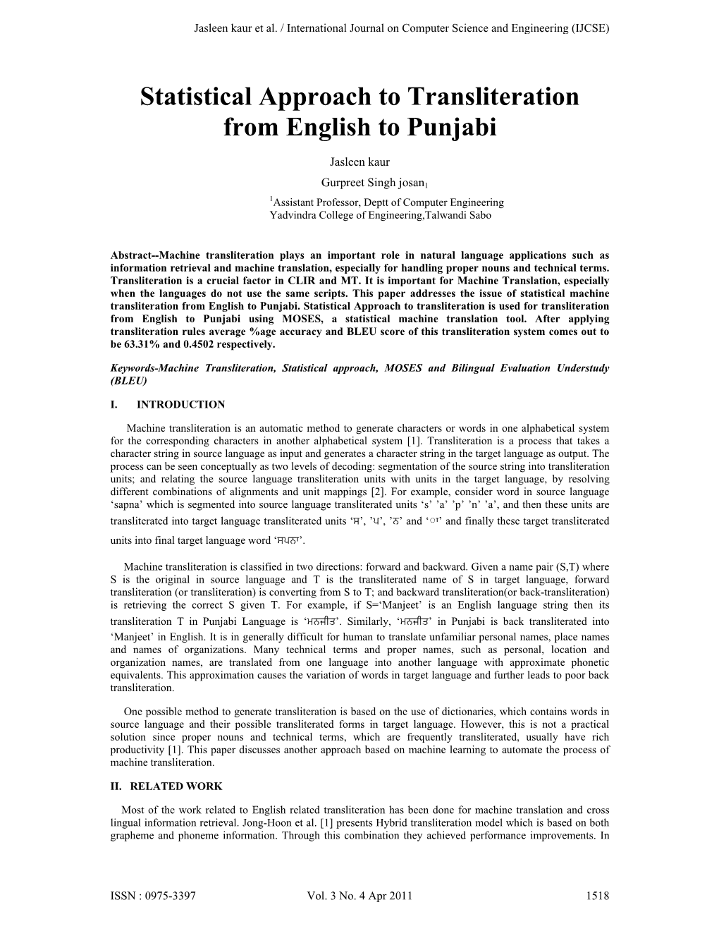 Statistical Approach to Transliteration from English to Punjabi