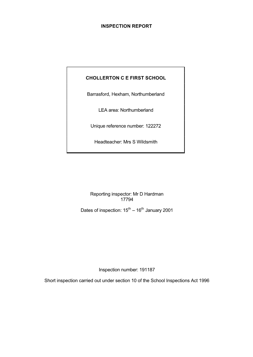 Inspection Report Chollerton Ce First School