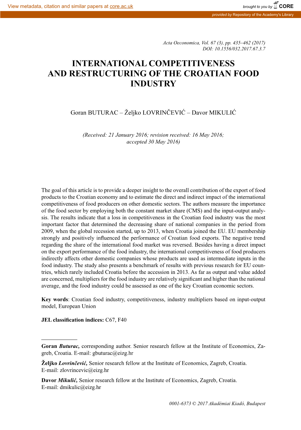 International Competitiveness and Restructuring of the Croatian Food Industry