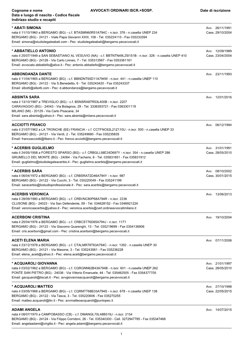 AVVOCATI ORDINARI ISCR.+SOSP. Cognome E Nome Data E Luogo Di Nascita