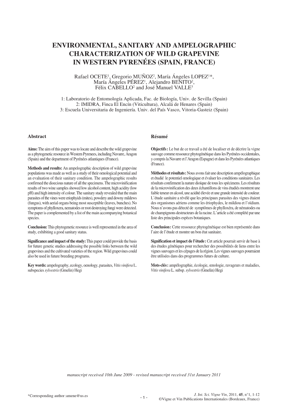 Environmental, Sanitary and Ampelographic Characterization of Wild Grapevine in Western Pyrenées (Spain, France)