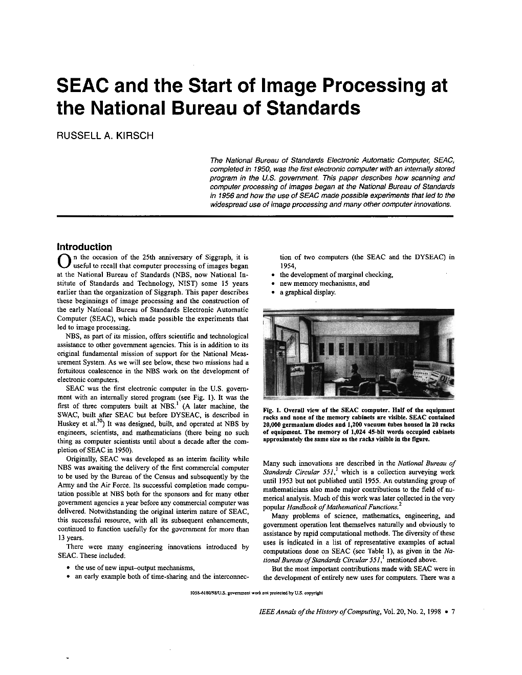 SEAC and the Start of Image Processing at the National Bureau of Standards