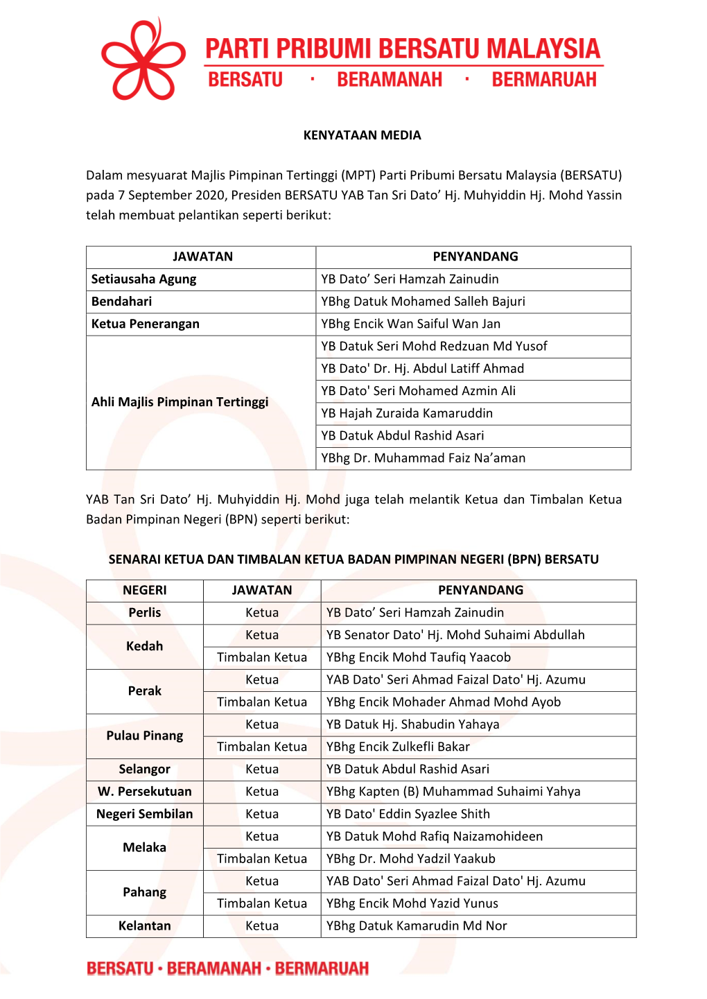 Bersatu Malaysia (BERSATU) Pada 7 September 2020, Presiden BERSATU YAB Tan Sri Dato’ Hj