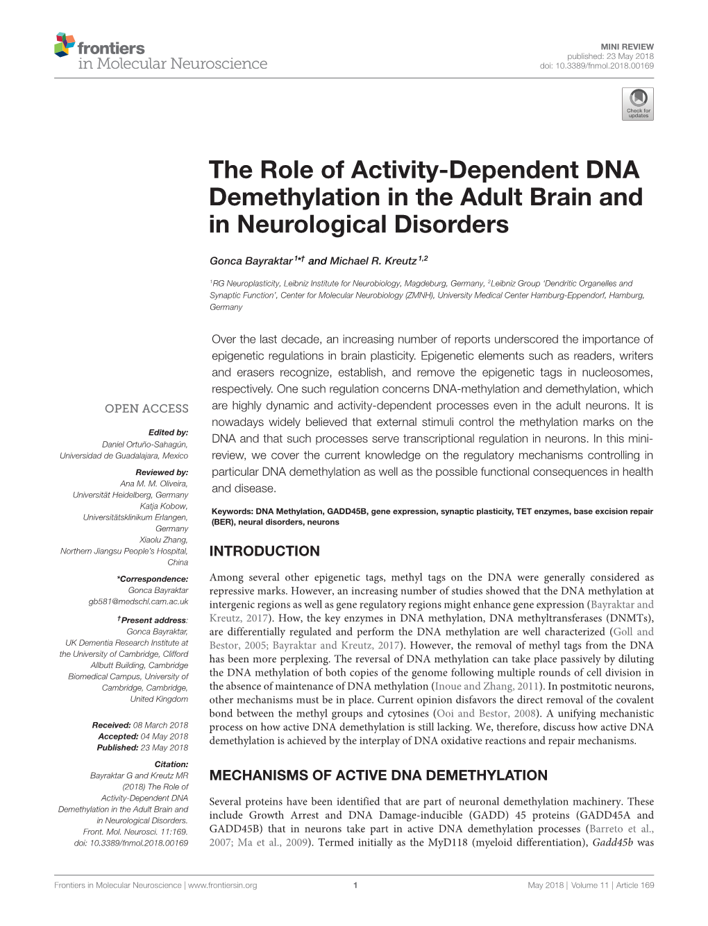 The Role of Activity-Dependent DNA Demethylation in the Adult Brain and in Neurological Disorders