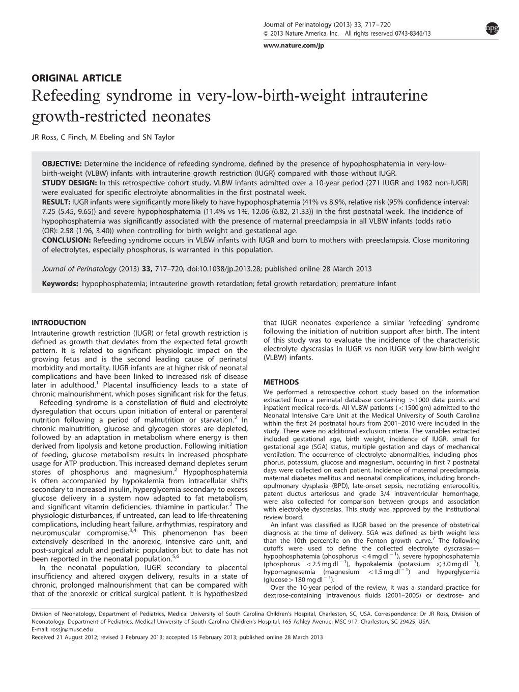 Refeeding Syndrome in Very-Low-Birth-Weight Intrauterine Growth-Restricted Neonates