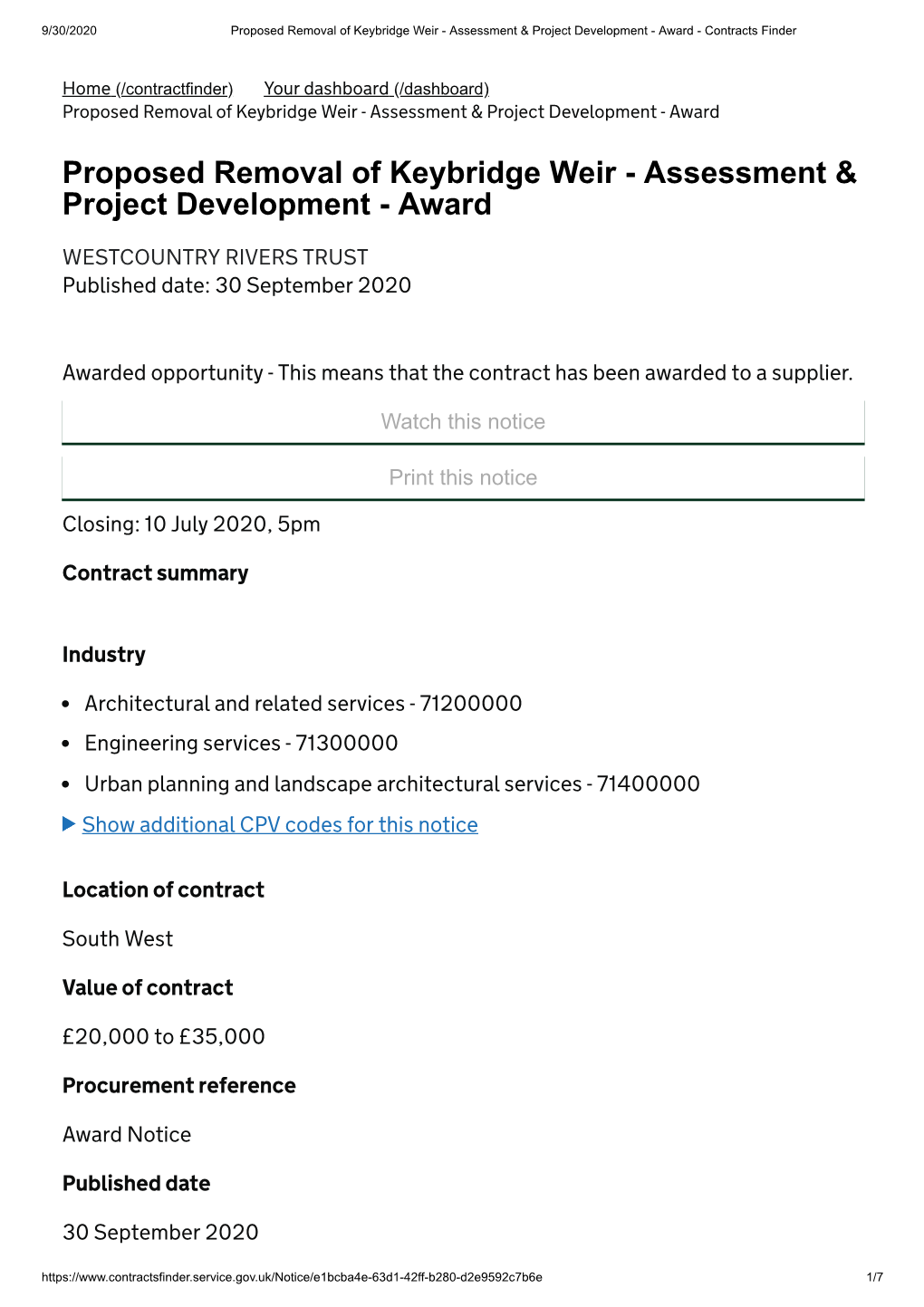 Proposed Removal of Keybridge Weir - Assessment & Project Development - Award - Contracts Finder