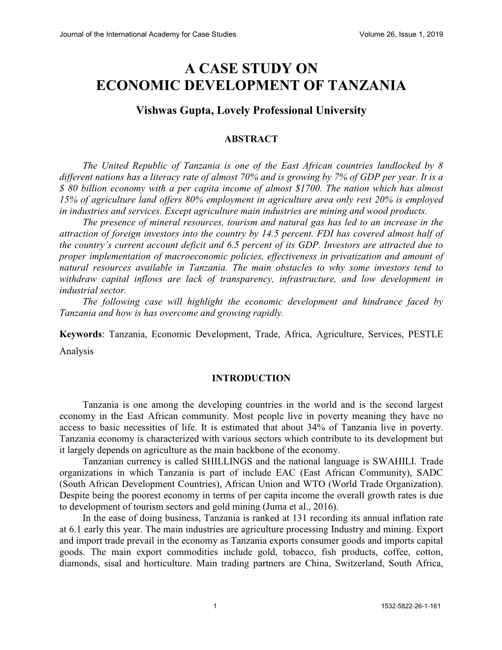 A Case Study on Economic Development of Tanzania