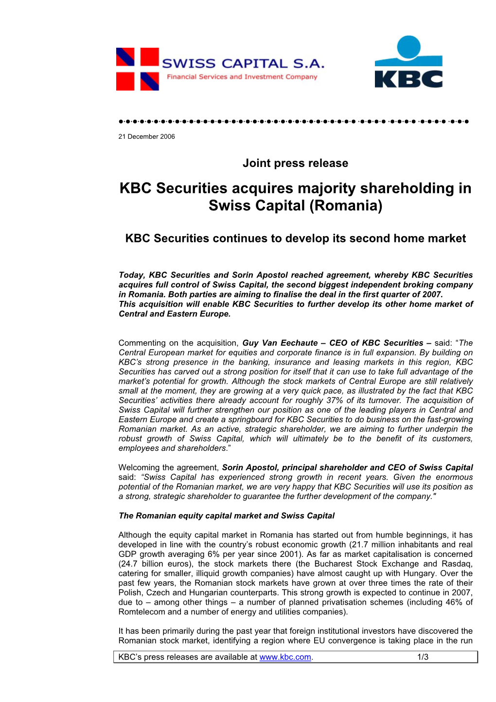 KBC Securities Acquires Majority Shareholding in Swiss Capital (Romania)