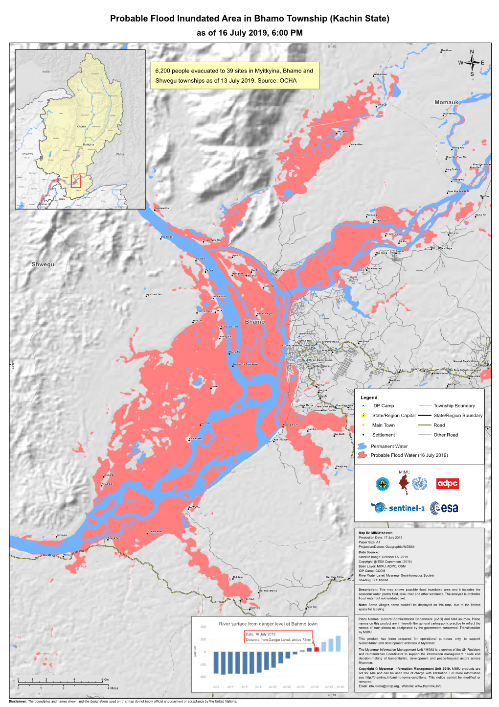 Probable Flood Inundated Area in Bhamo Township (Kachin State) As of 16 July 2019, 6:00 PM