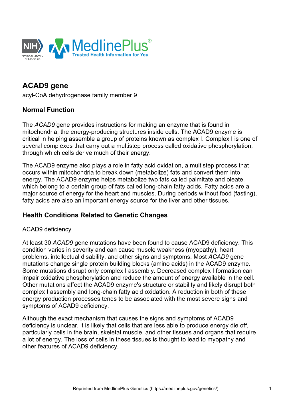 ACAD9 Gene Acyl-Coa Dehydrogenase Family Member 9