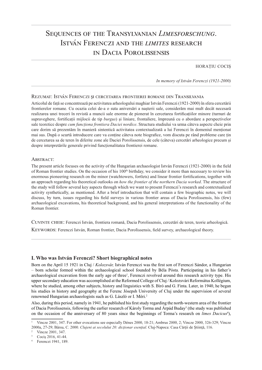 Sequences of the Transylvanian Limesforschung. István Ferenczi and the Limites Research in Dacia Porolissensis