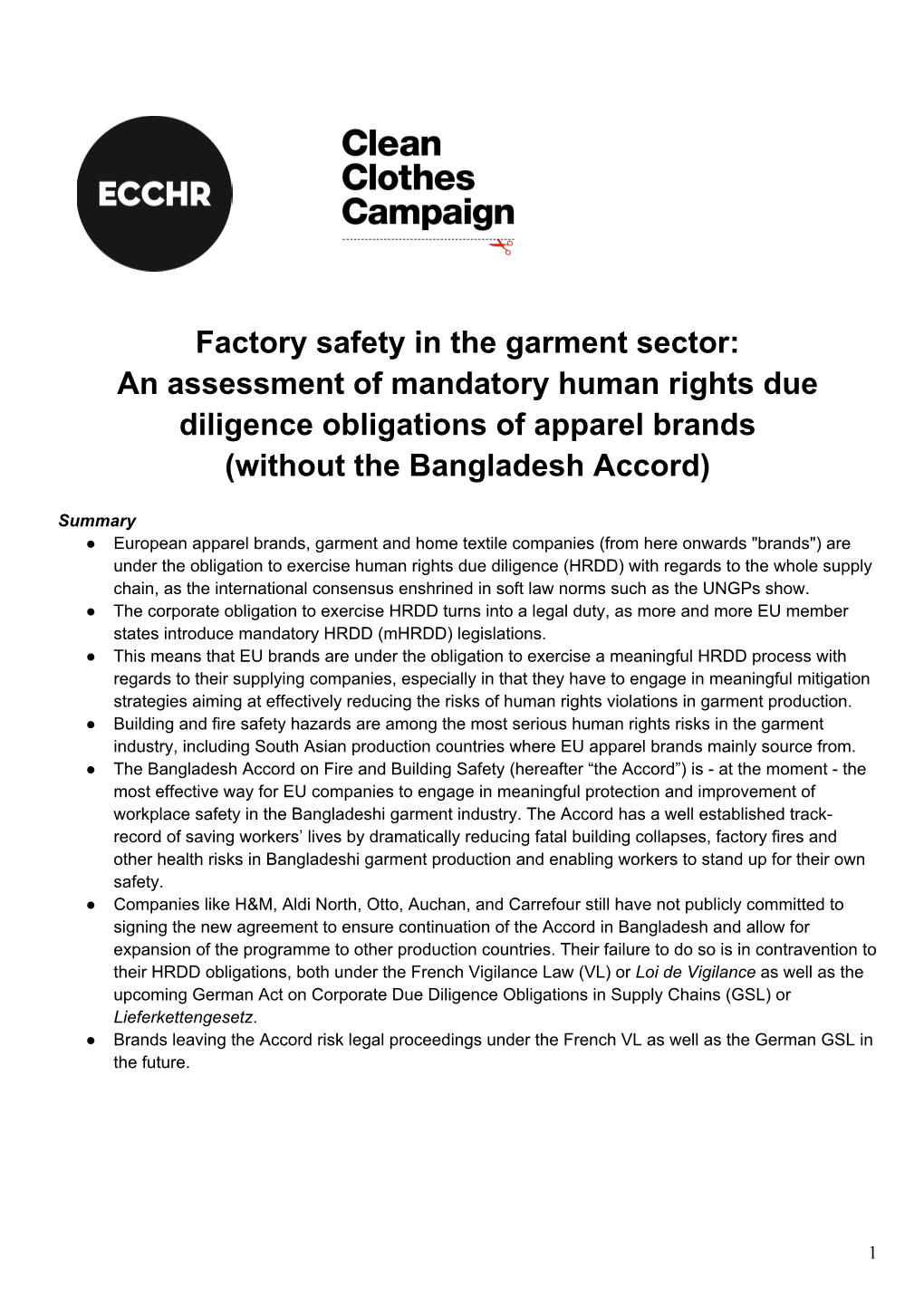 Factory Safety in the Garment Sector: an Assessment of Mandatory Human Rights Due Diligence Obligations of Apparel Brands (Without the Bangladesh Accord)