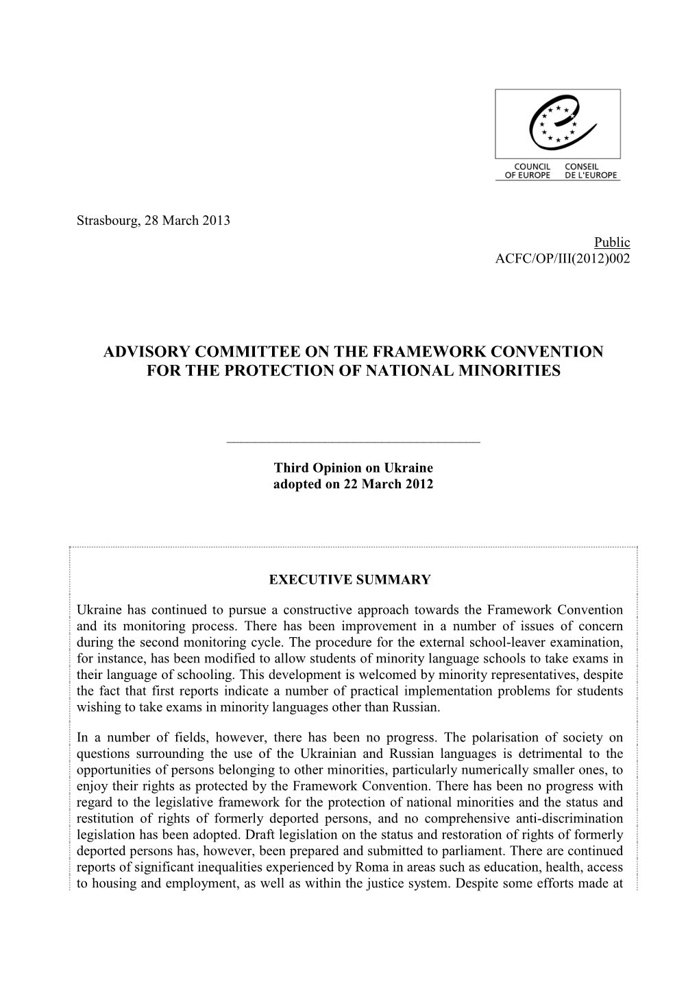 Strasbourg, 28 March 2013 Public ACFC/OP/III(2012)002
