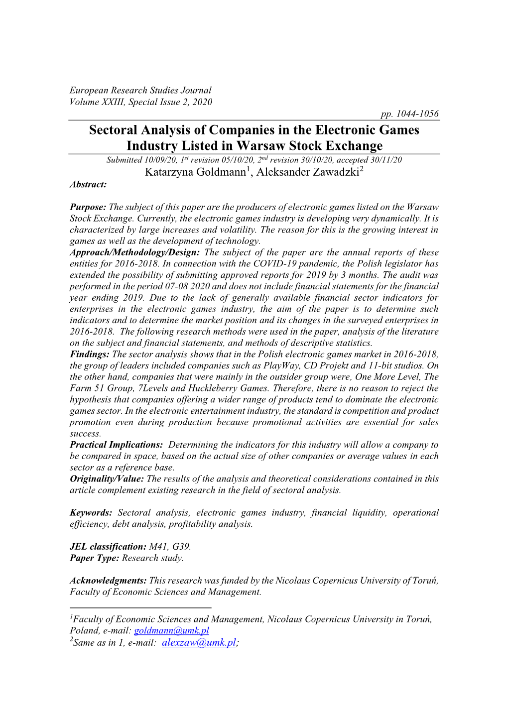 Sectoral Analysis of Companies in the Electronic Games Industry Listed In