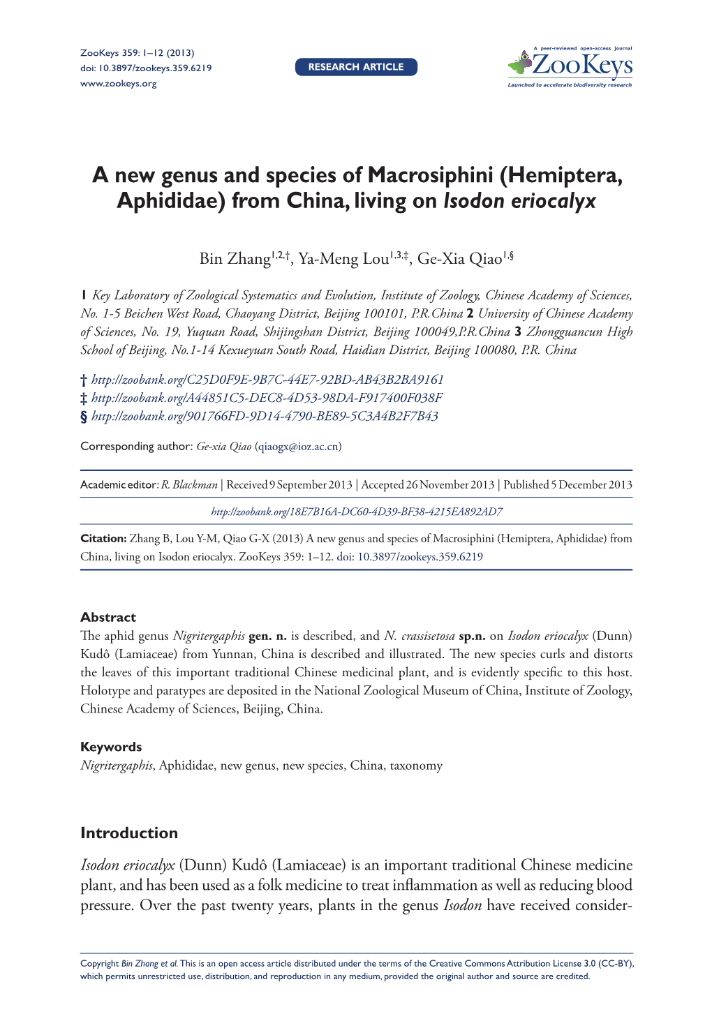 A New Genus and Species of Macrosiphini (Hemiptera, Aphididae) from China, Living on Isodon Eriocalyx