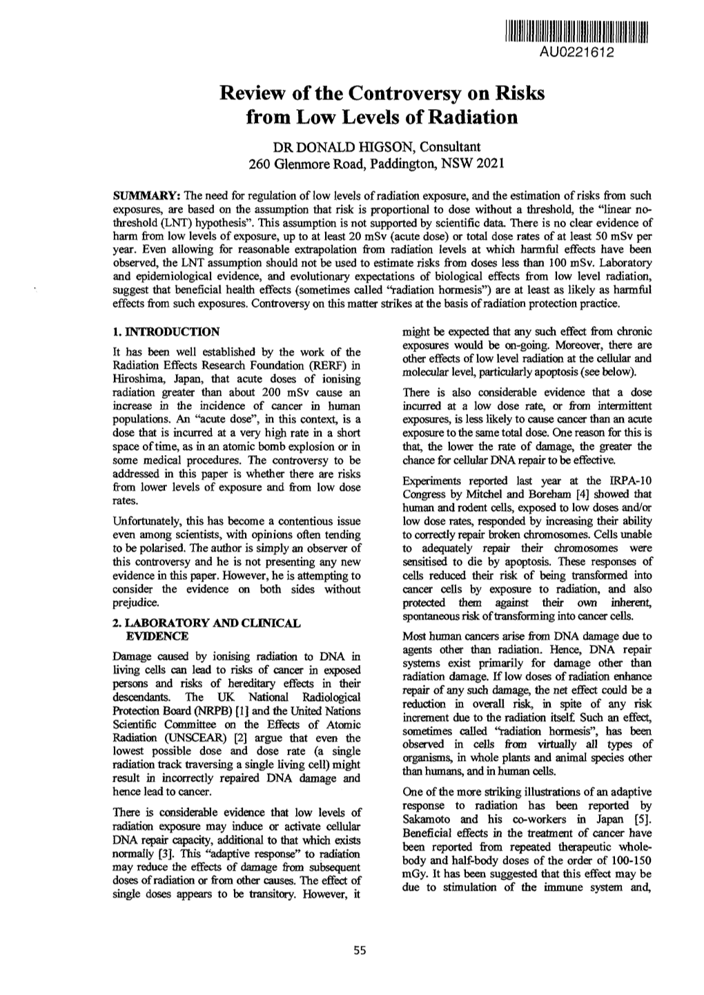 Review of the Controversy on Risks from Low Levels of Radiation DR DONALD Fflgson, Consultant 260 Glenmore Road, Paddington, NSW 2021