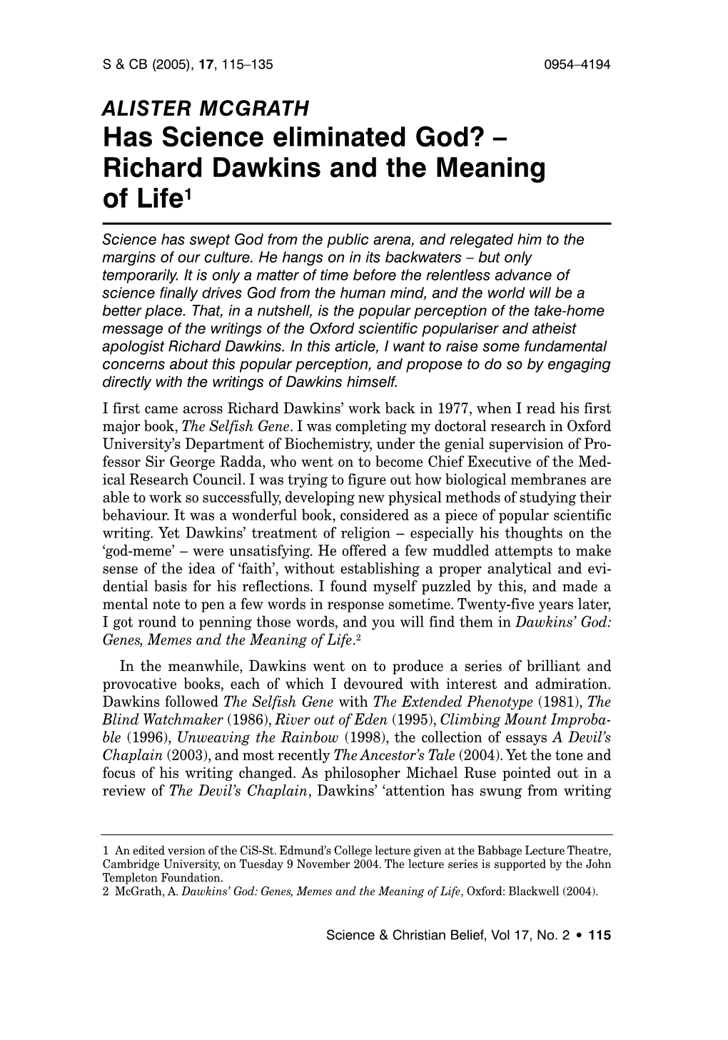 Has Science Eliminated God? – Richard Dawkins and the Meaning of Life1