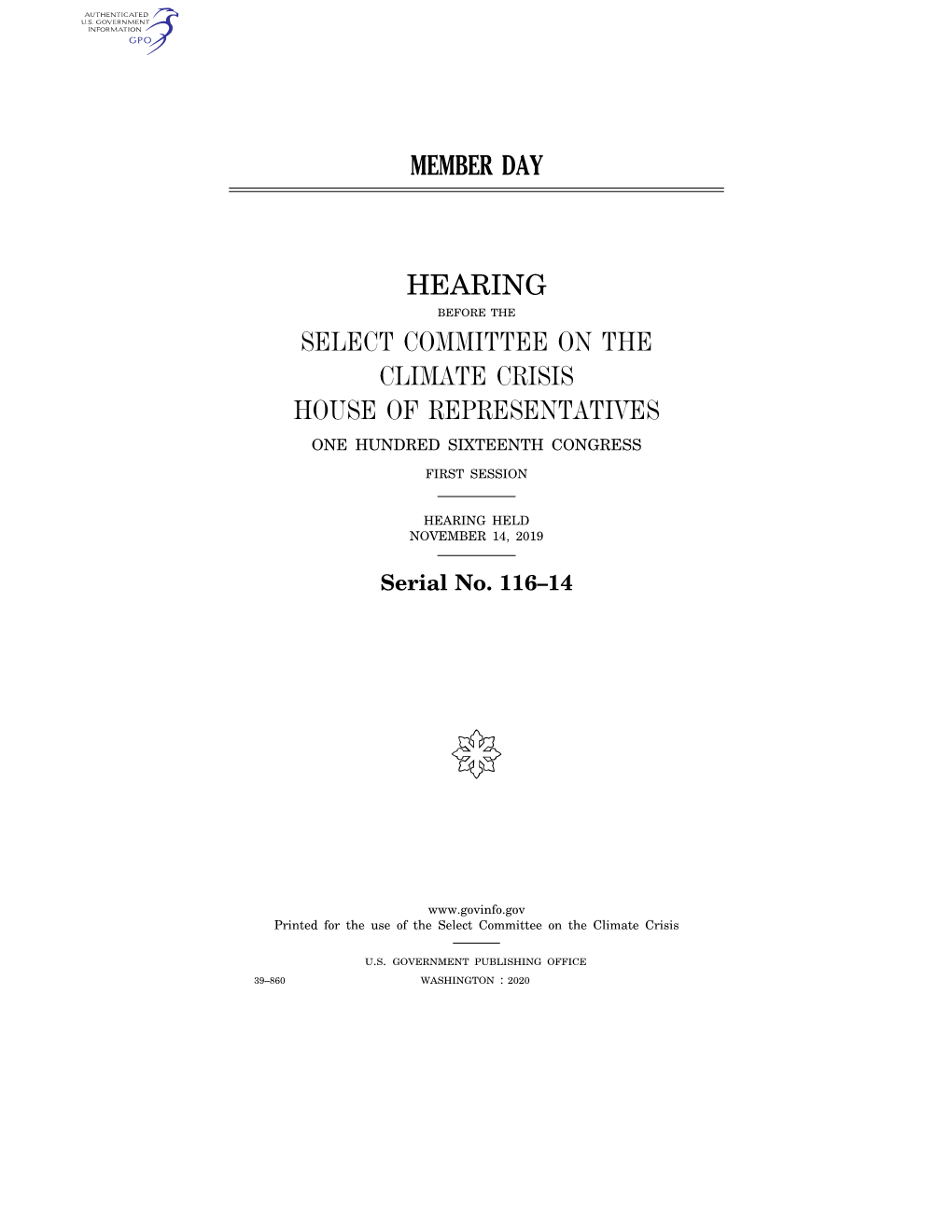 Select Committee on the Climate Crisis House of Representatives One Hundred Sixteenth Congress