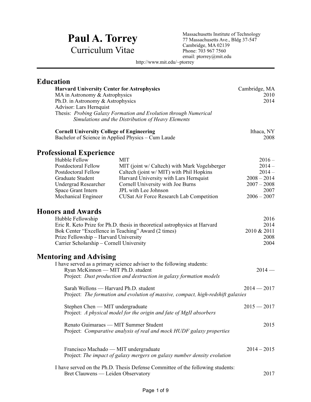 Paul A. Torrey 77 Massachusetts Ave., Bldg 37-547 Cambridge, MA 02139 Curriculum Vitae Phone: 703 967 7560 Email: Ptorrey@Mit.Edu