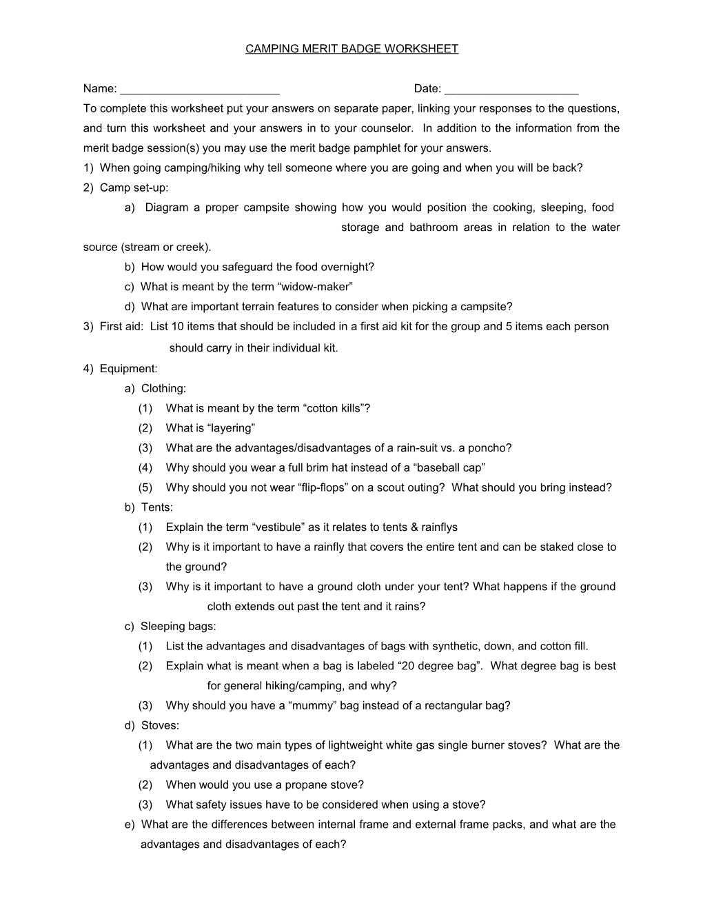 Camping Merit Badge Worksheet