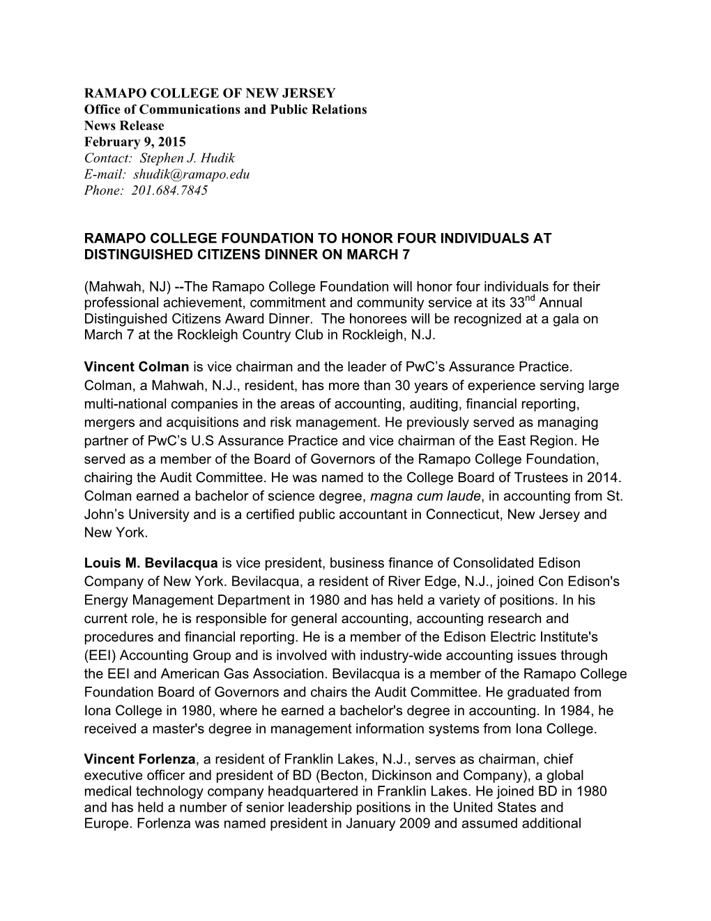 RAMAPO COLLEGE of NEW JERSEY Office of Communications and Public Relations News Release February 9, 2015 Contact: Stephen J