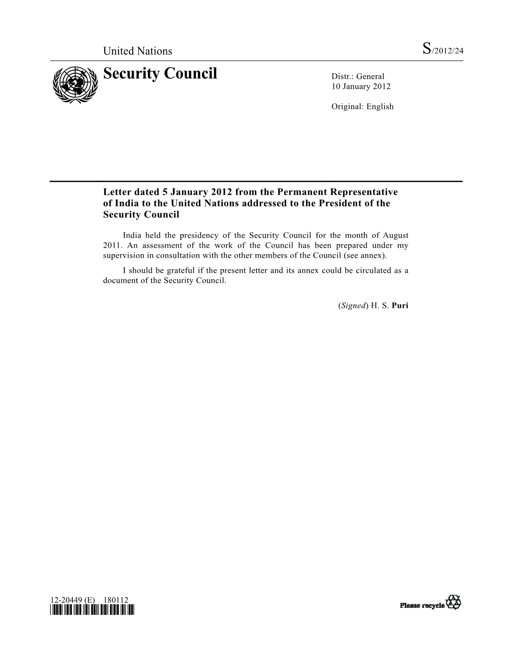 Security Council Distr.: General 10 January 2012